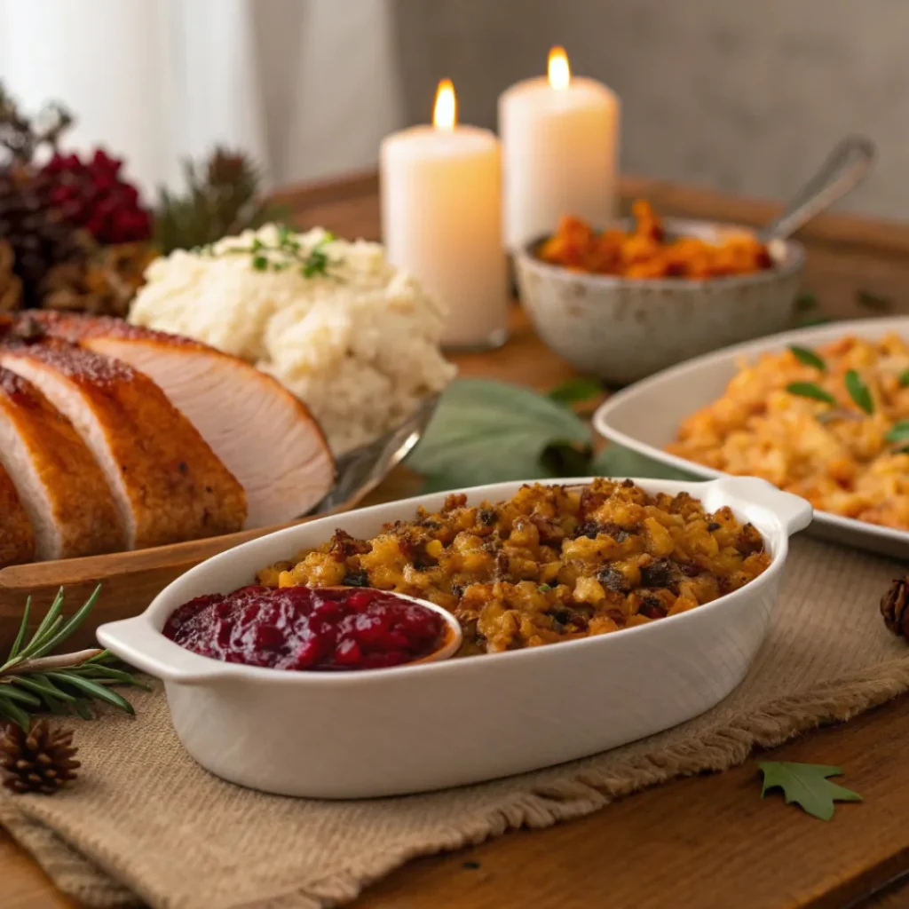 Holiday table with sweet potato casserole
