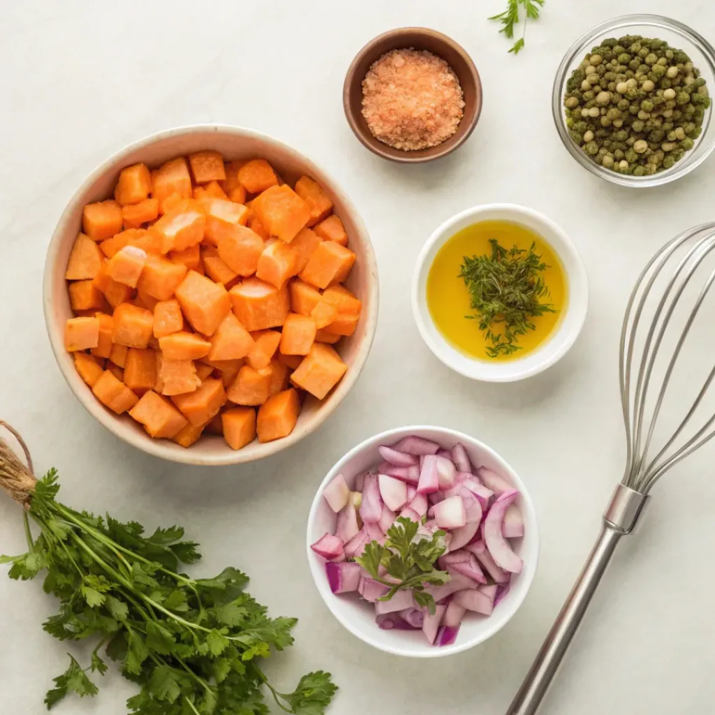 Easy Sweet Potato Salad Recipe for Any Occasion 6 Flat lay of ingredients to make Sweet Potato Salad