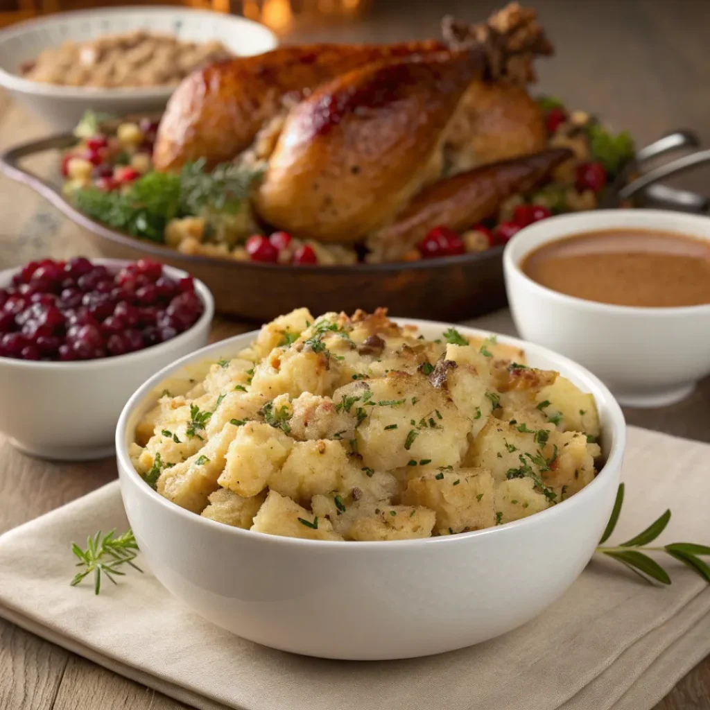 Buttery Herb Stuffing served on a table with turkey and sides