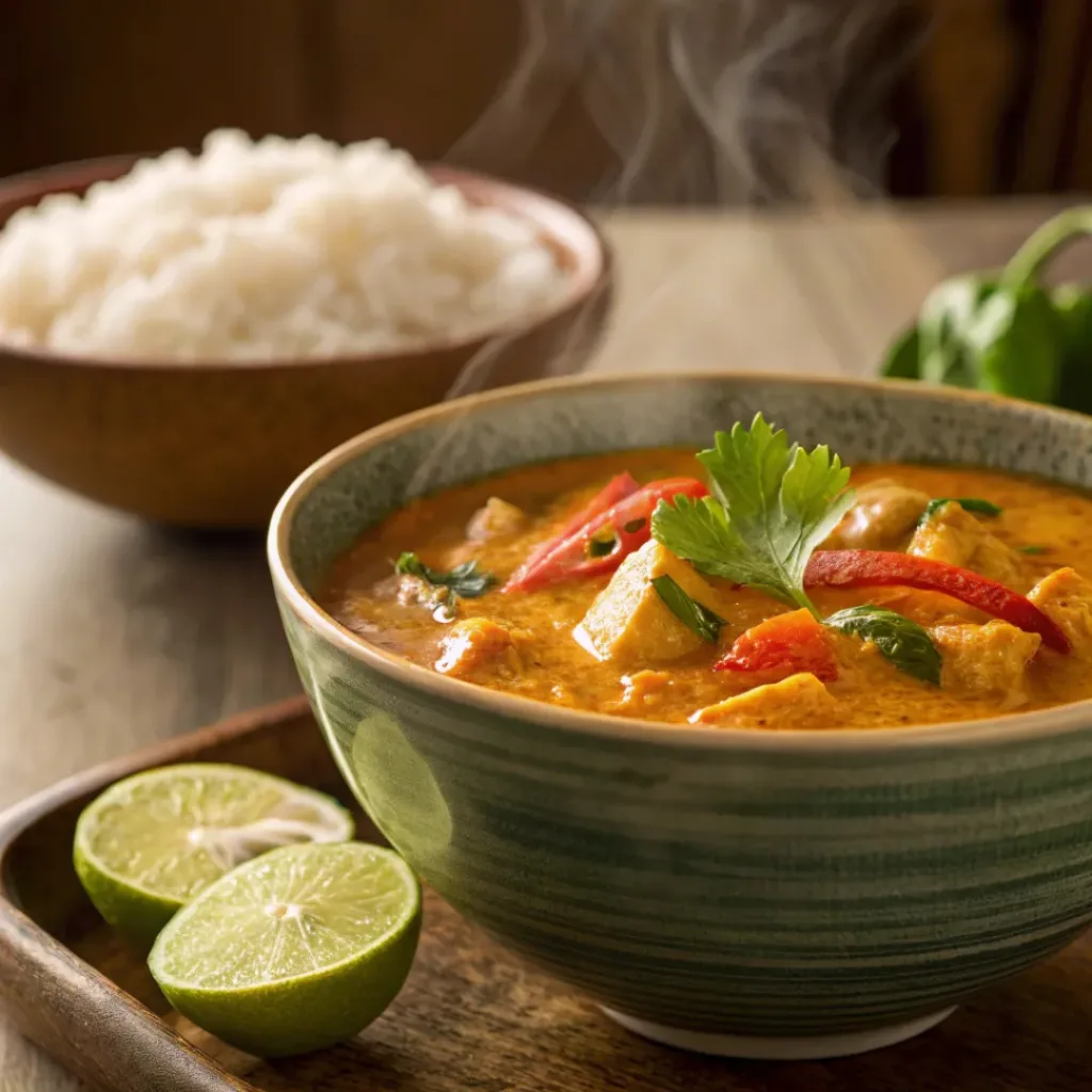 Thai coconut curry stew served with rice and lime