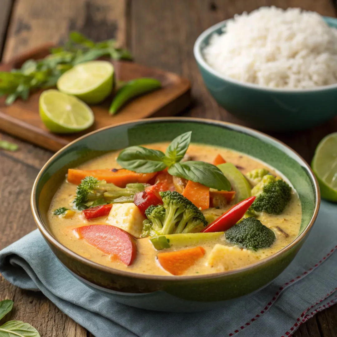 Bowl of Thai coconut curry stew with vegetables and rice