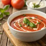 Bowl of creamy tomato basil soup garnished with basil and cream