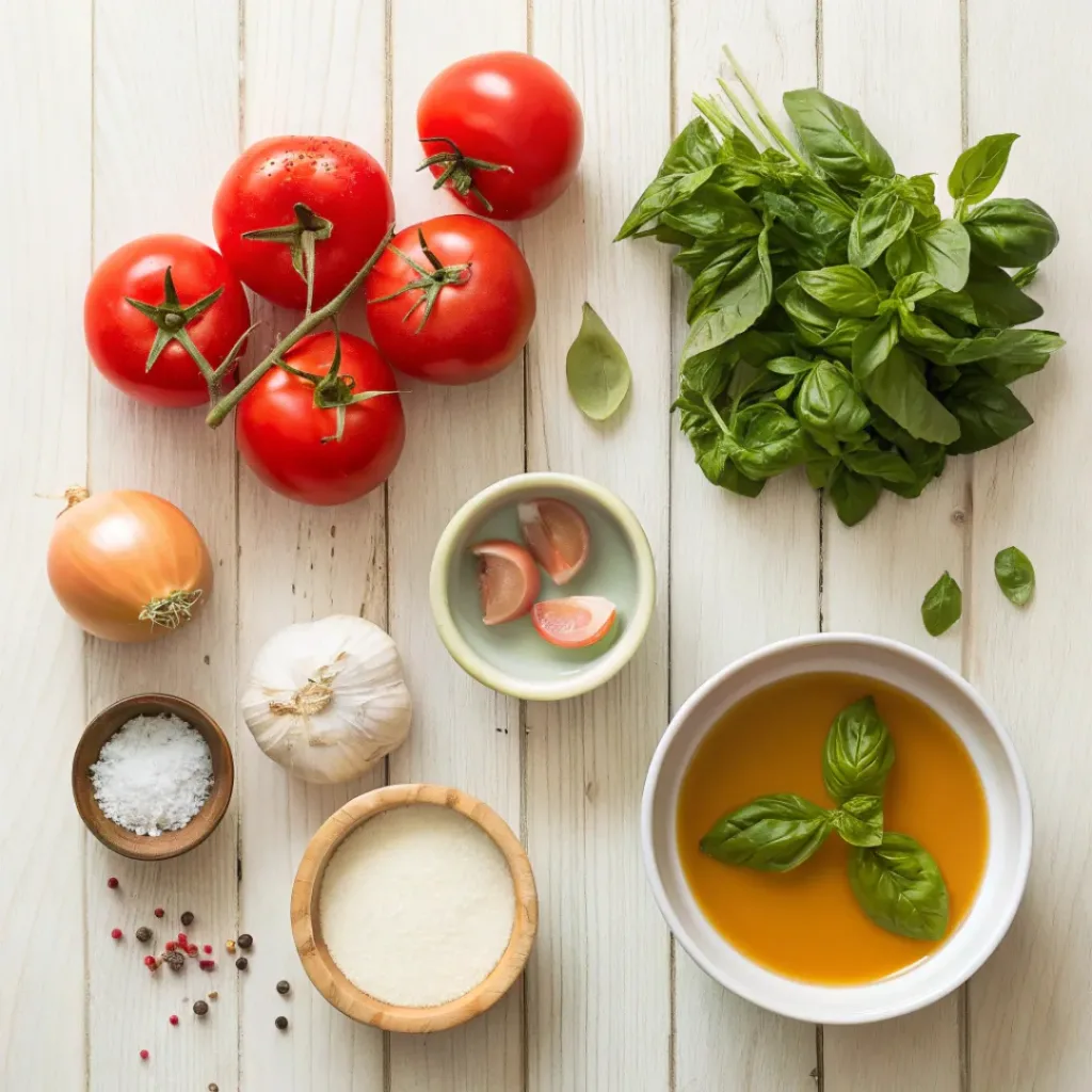 Creamy Tomato Basil Soup – Classic Comfort Food 6 Overhead view of fresh ingredients for tomato basil soup