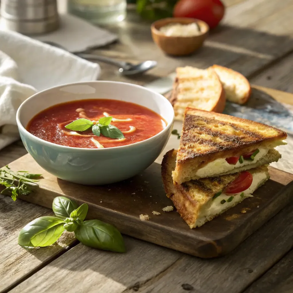 Creamy Tomato Basil Soup – Classic Comfort Food 8 Tomato basil soup served with grilled cheese sandwich and basil