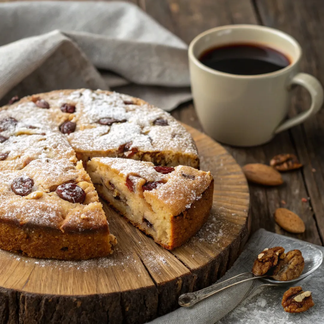 Slice of Tuscan coffee cake with cinnamon swirl and glaze