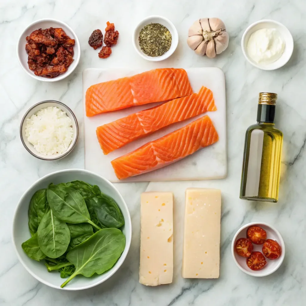 Creamy Tuscan Salmon – Flavorful One-Pan Dinner 6 Flat lay of ingredients for creamy Tuscan salmon