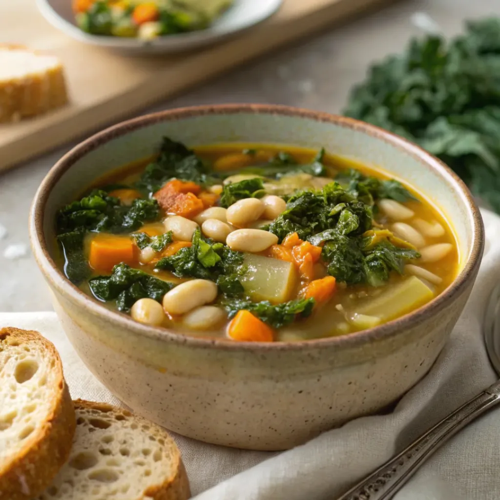 Bowl of Tuscan white bean and kale soup with bread