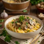 Best Vegan Mushroom Stroganoff – Quick 30-Minute Dinner 9 Bowl of creamy vegan mushroom stroganoff over pasta