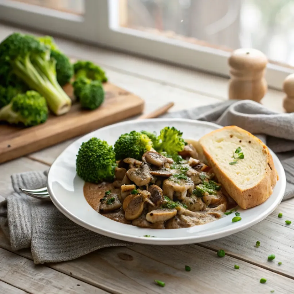 Best Vegan Mushroom Stroganoff – Quick 30-Minute Dinner 8 Vegan mushroom stroganoff served with broccoli and bread