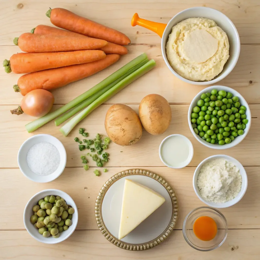 Creamy Vegetable Pot Pie with Flaky Crust 6 Flat lay of ingredients for homemade vegetable pot pie
