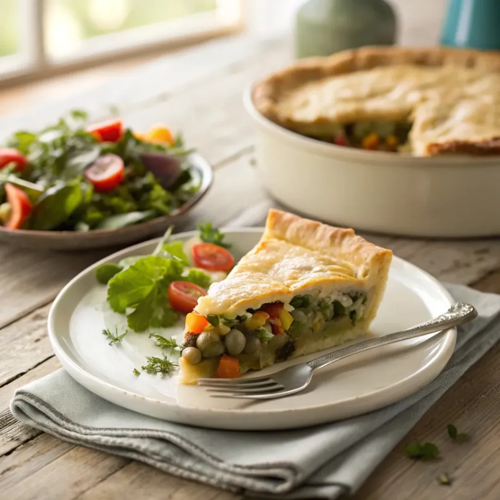 Creamy Vegetable Pot Pie with Flaky Crust 8 Slice of vegetable pot pie with a side salad