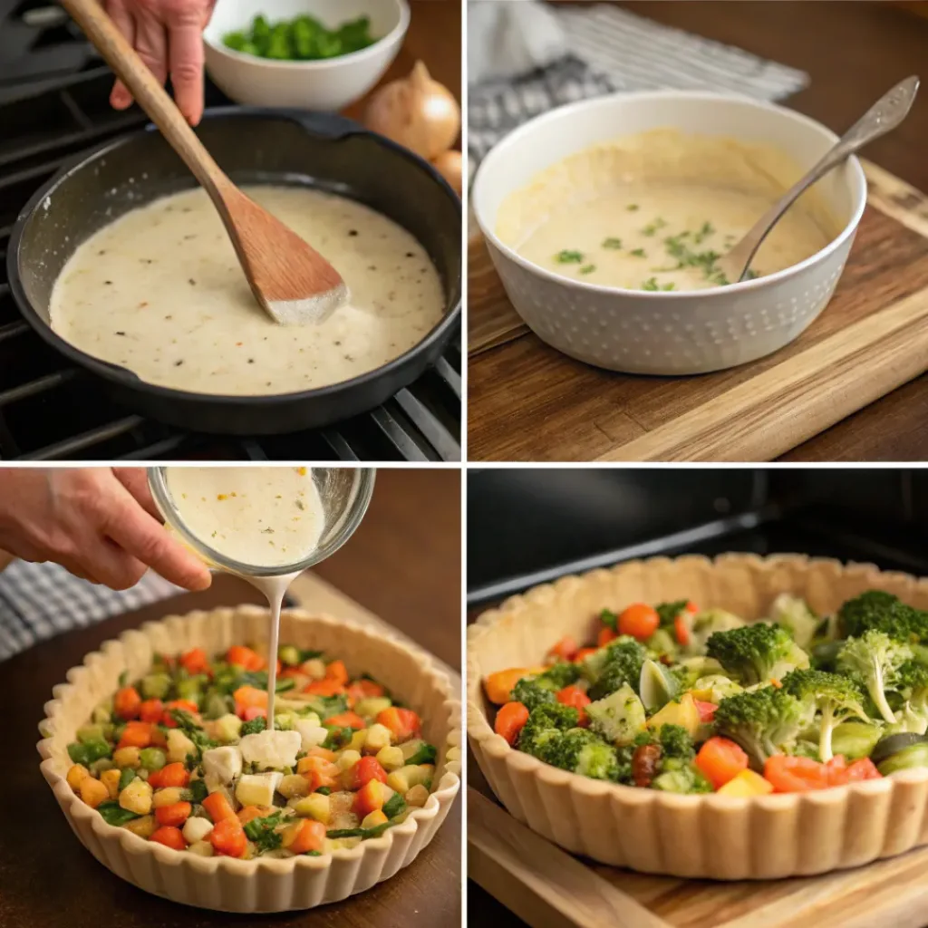 Creamy Vegetable Pot Pie with Flaky Crust 7 Step-by-step collage of cooking and baking vegetable pot pie