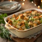 Classic vegetarian stuffing in a casserole dish