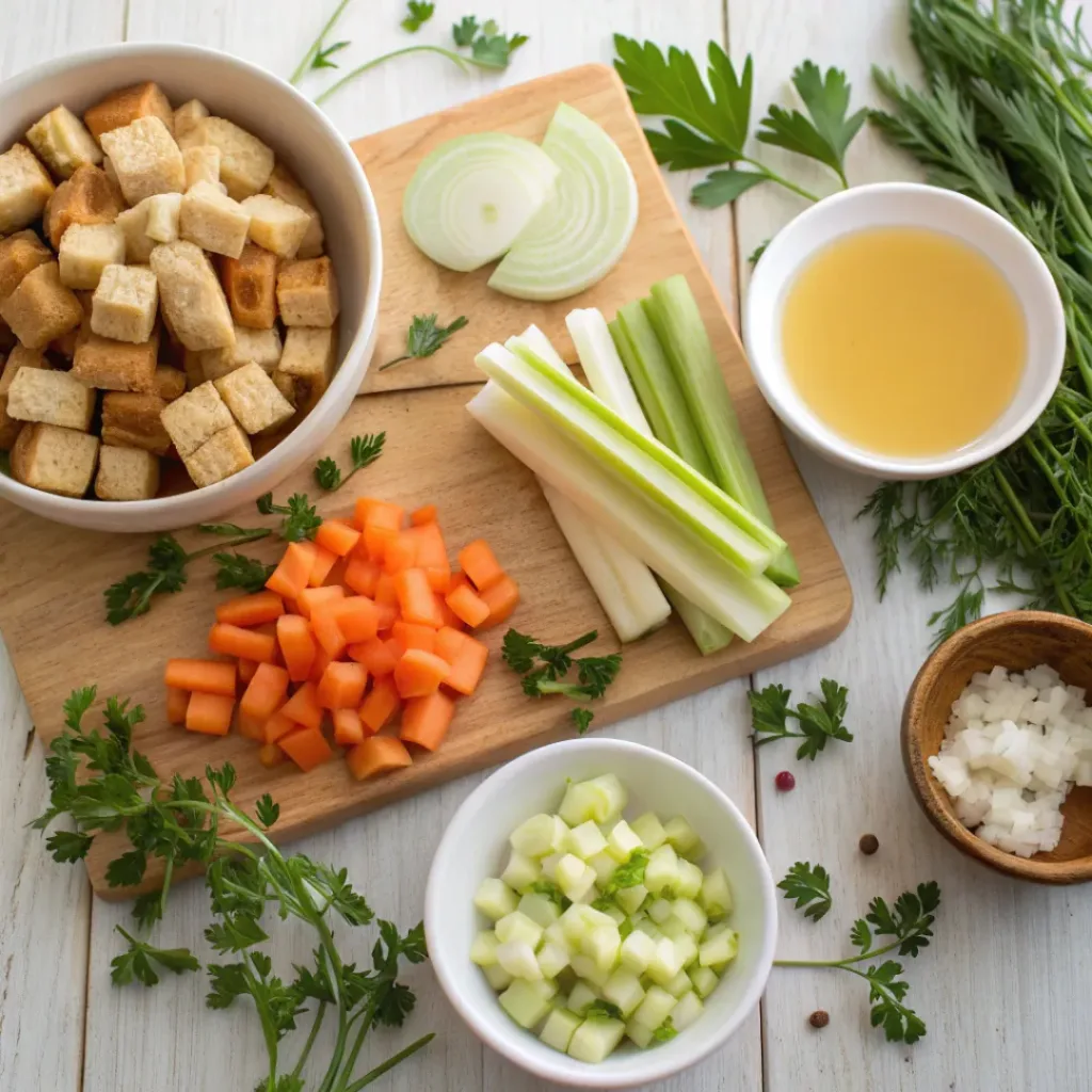 Vegetarian Stuffing – A Savory Holiday Favorite 6 Ingredients for vegetarian stuffing with herbs and bread cubes