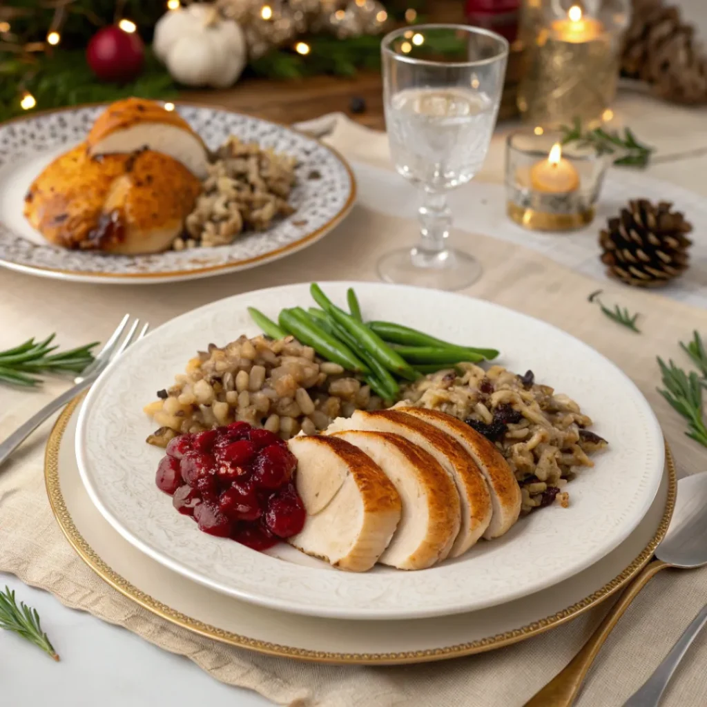 Stuffing plated with roast chicken and vegetables