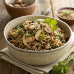 Bowl of wild rice mushroom stuffing with fresh parsley