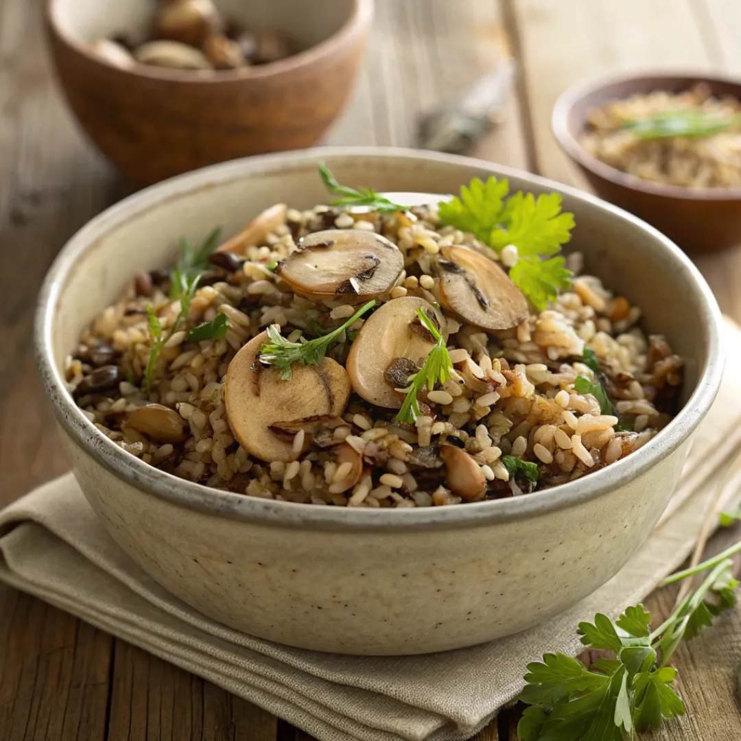 Bowl of wild rice mushroom stuffing with fresh parsley