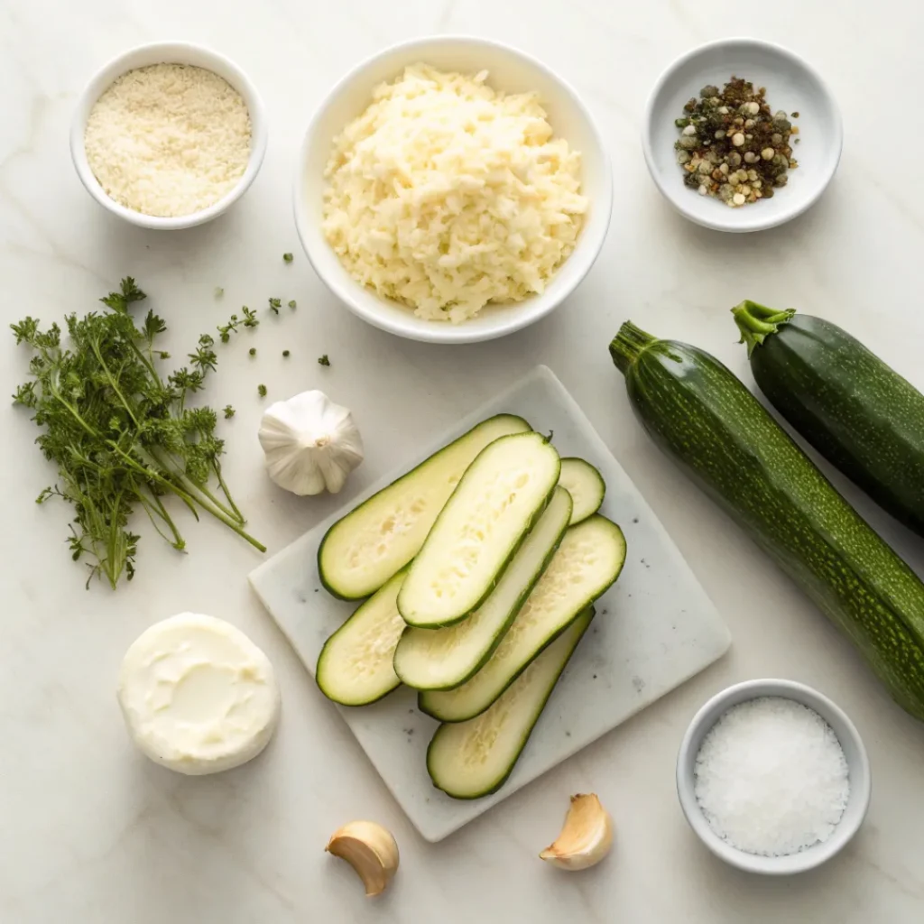 Cheesy Zucchini Gratin – A Delicious Twist on a Classic 6 Overhead view of ingredients for zucchini gratin neatly arranged