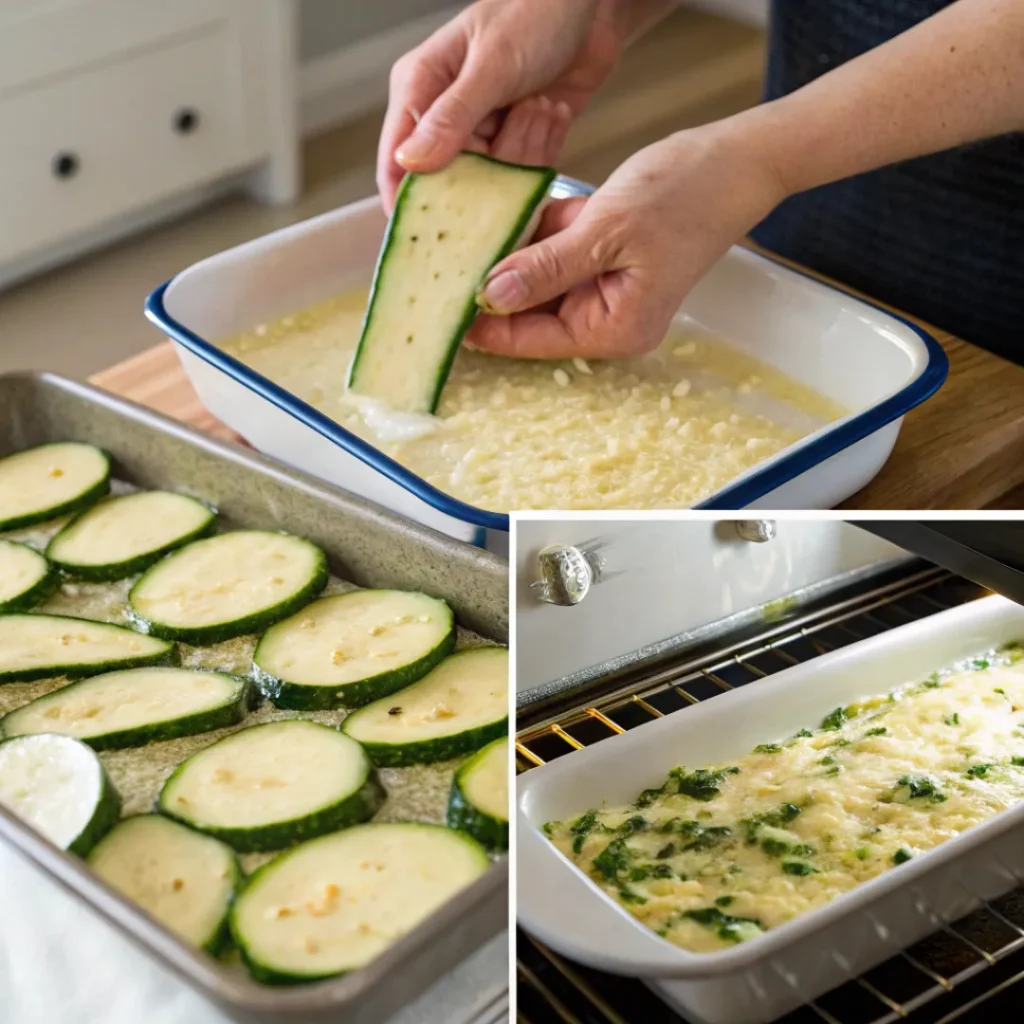 Cheesy Zucchini Gratin – A Delicious Twist on a Classic 7 Collage of steps for preparing and baking zucchini gratin