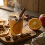 Mug of hot apple cider with cinnamon and orange slices