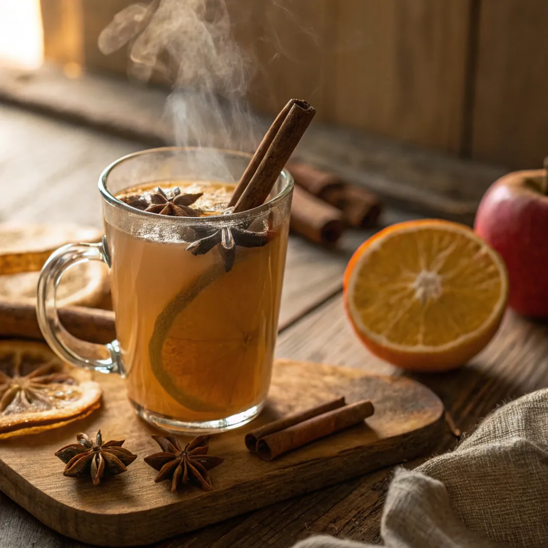 Mug of hot apple cider with cinnamon and orange slices