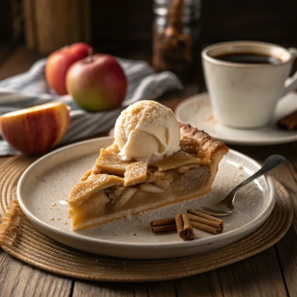 Slice of apple pie with ice cream on a plate