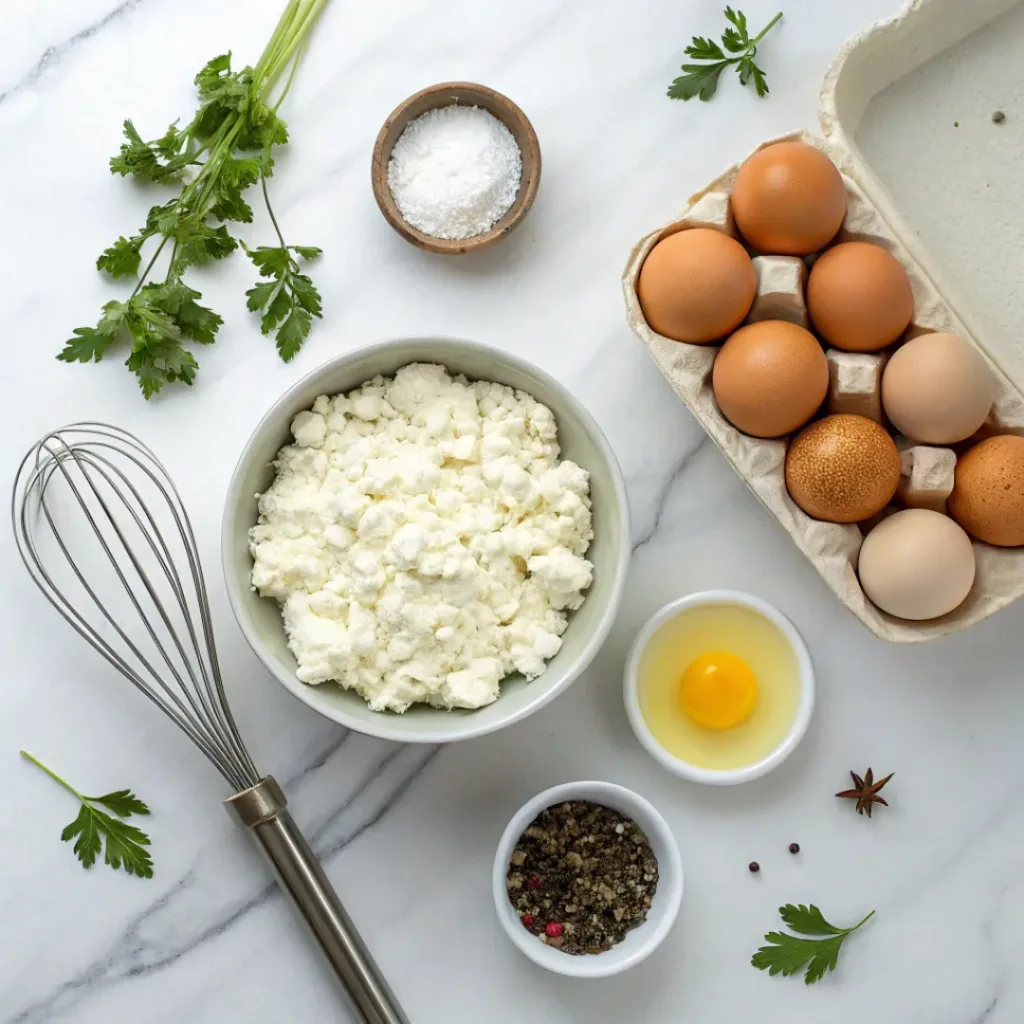 Baked Cottage Cheese Eggs – High-Protein Breakfast Made Easy 6 Flat lay of ingredients for baked cottage cheese eggs