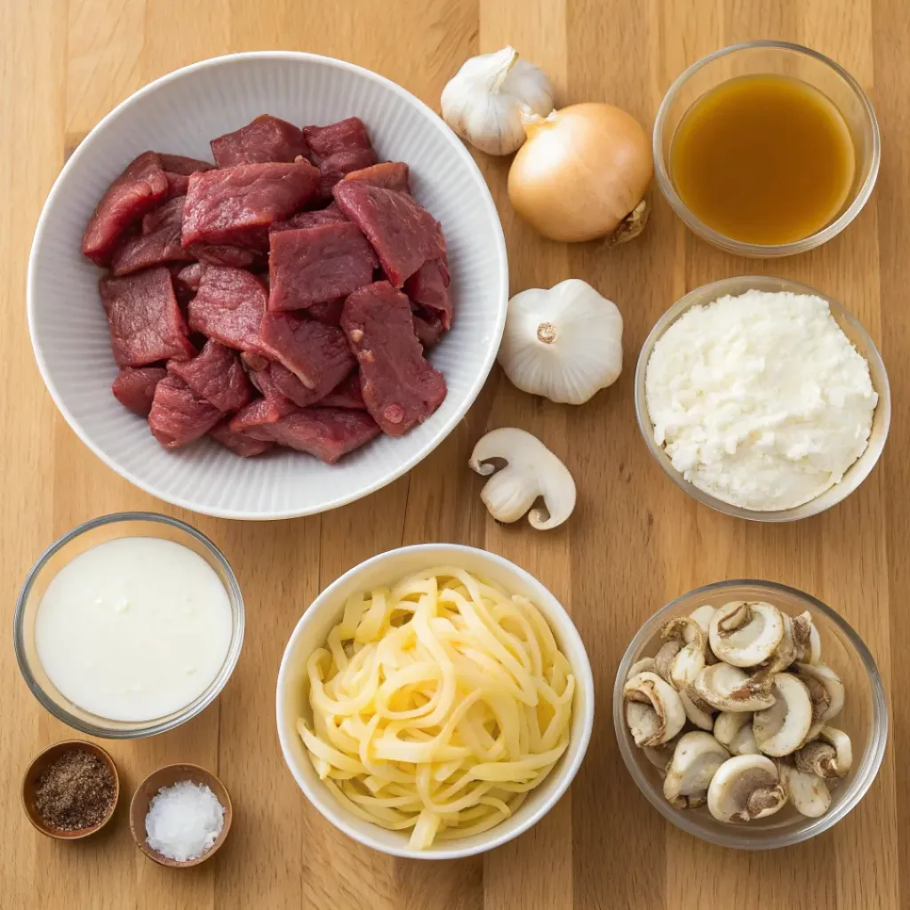 Old Fashioned Beef Stroganoff – Creamy Comfort Classic 6 Flat lay of ingredients for old fashioned beef stroganoff