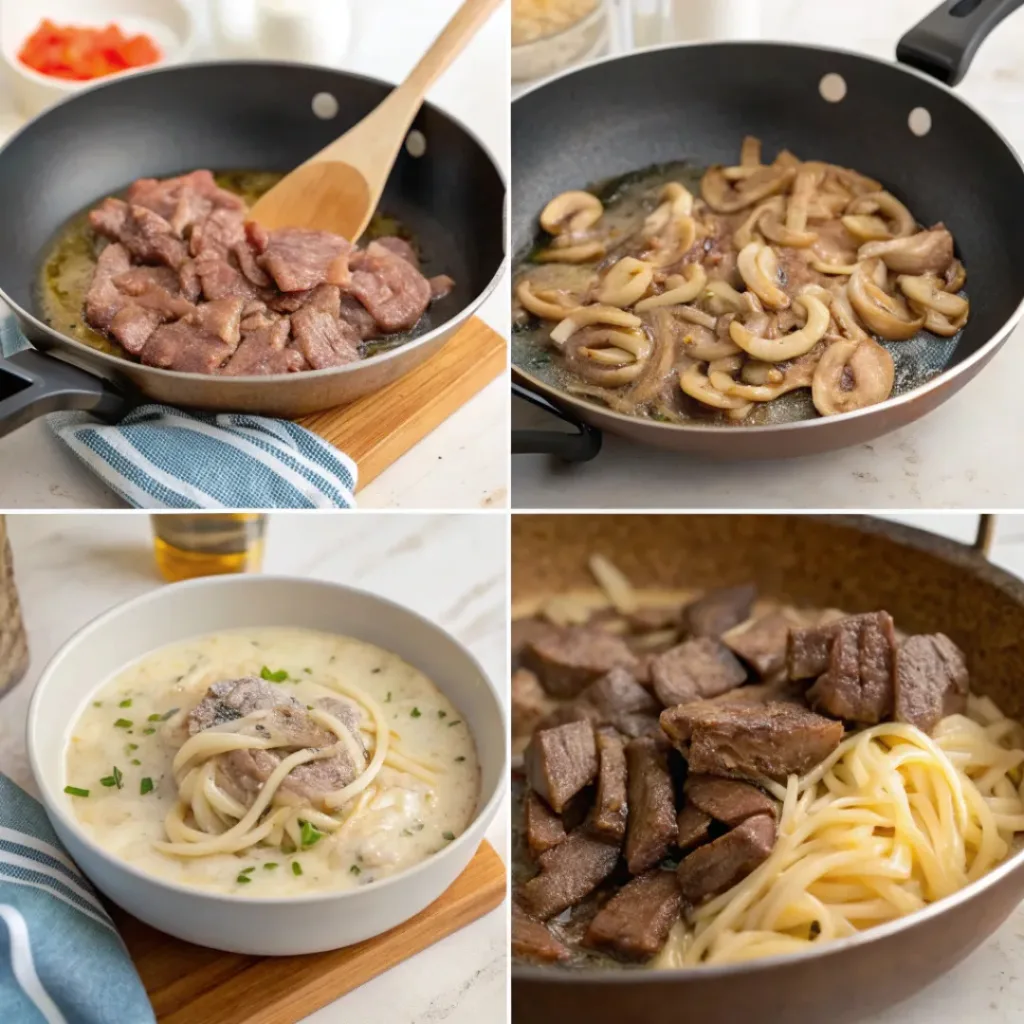 Old Fashioned Beef Stroganoff – Creamy Comfort Classic 7 Step-by-step collage of making beef stroganoff