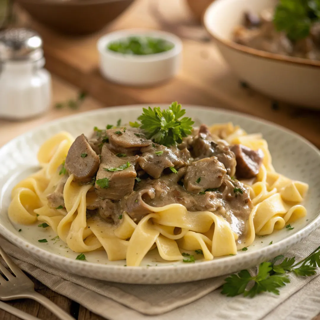 Classic beef stroganoff with creamy mushroom sauce over noodles