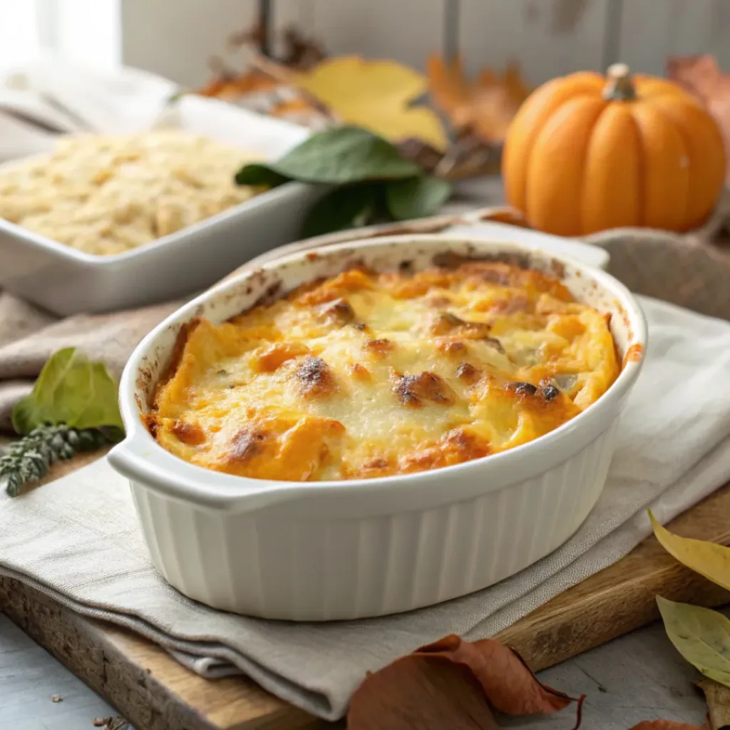 Creamy Butternut Squash Casserole 3 Baked cheesy butternut squash casserole with golden top