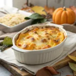 Baked cheesy butternut squash casserole with golden top