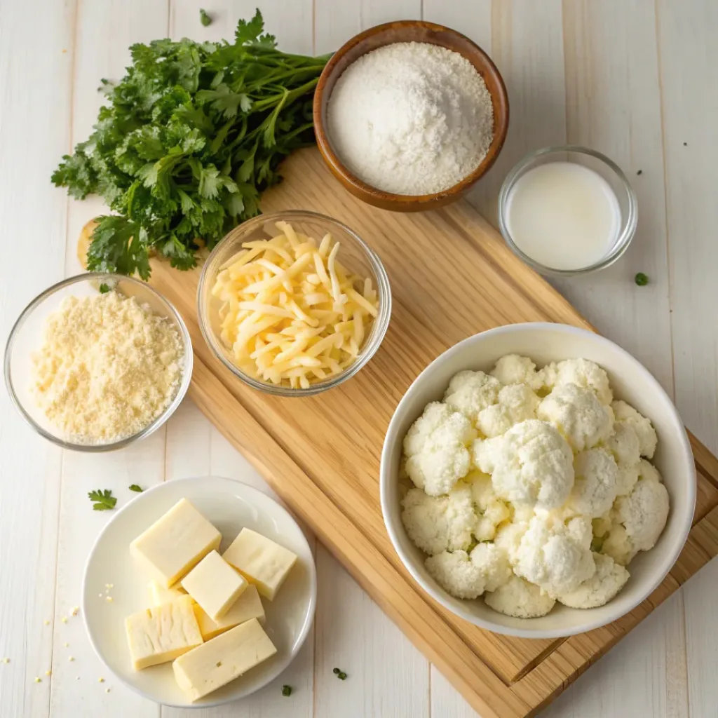 Cheesy Cauliflower Gratin – Creamy and Comforting Side Dish 6 Flat lay of ingredients for cheesy cauliflower gratin