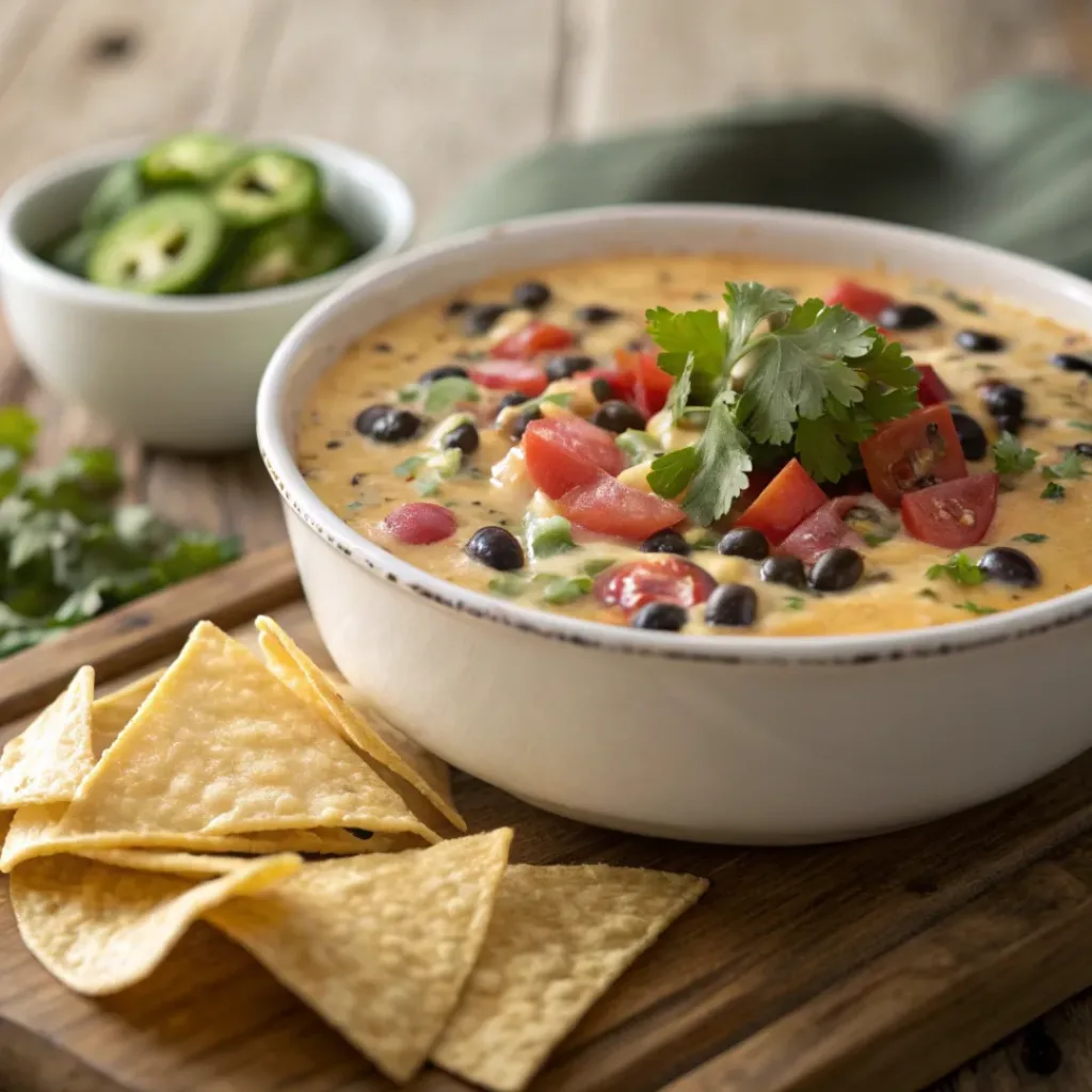 Bowl of cheesy cowboy queso with tortilla chips