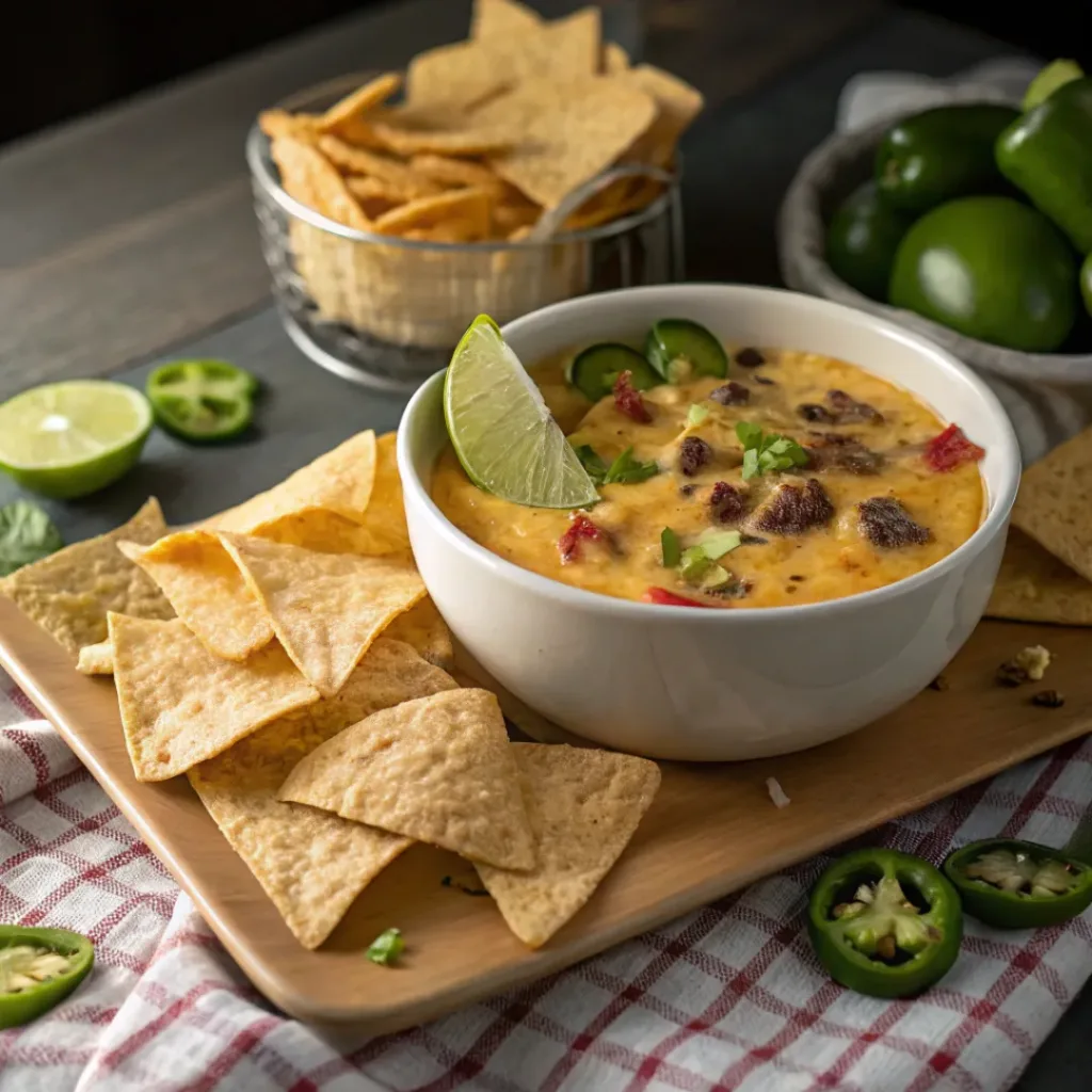 Cheesy Cowboy Queso Recipe – Loaded and Flavorful 8 Cowboy queso served with tortilla chips