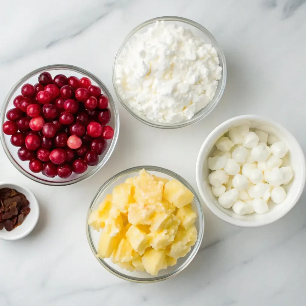 Flat lay of ingredients for cranberry fluff salad