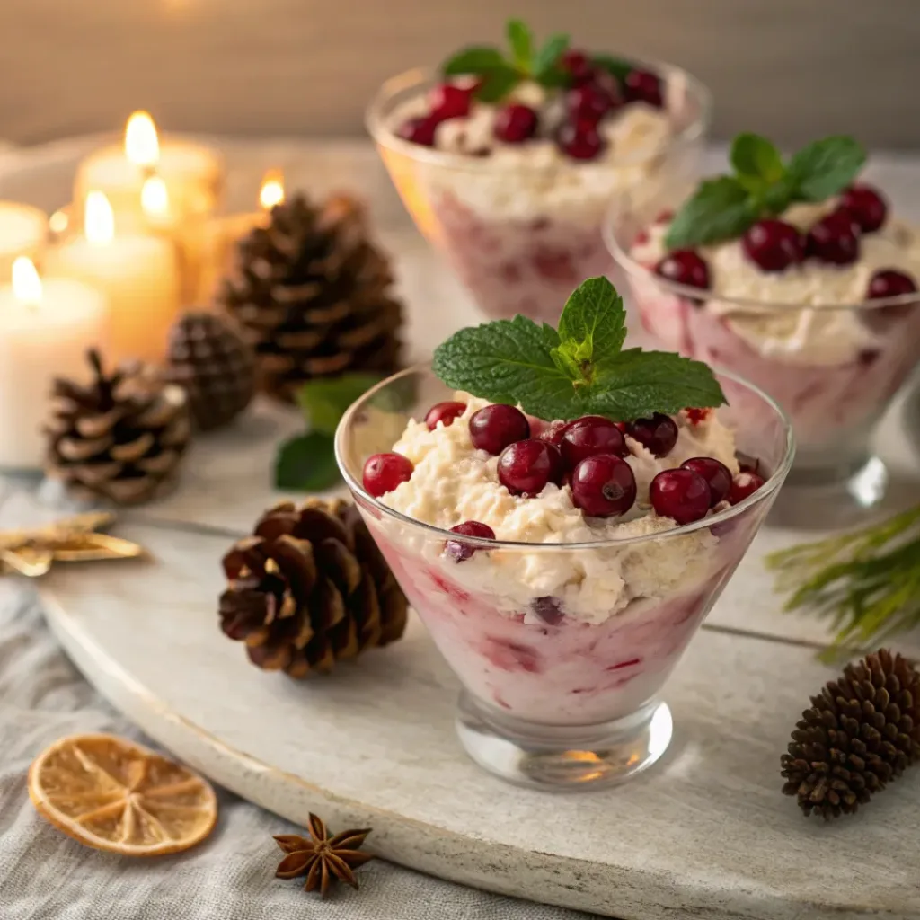 Cranberry fluff salad served in dessert cups with cranberries