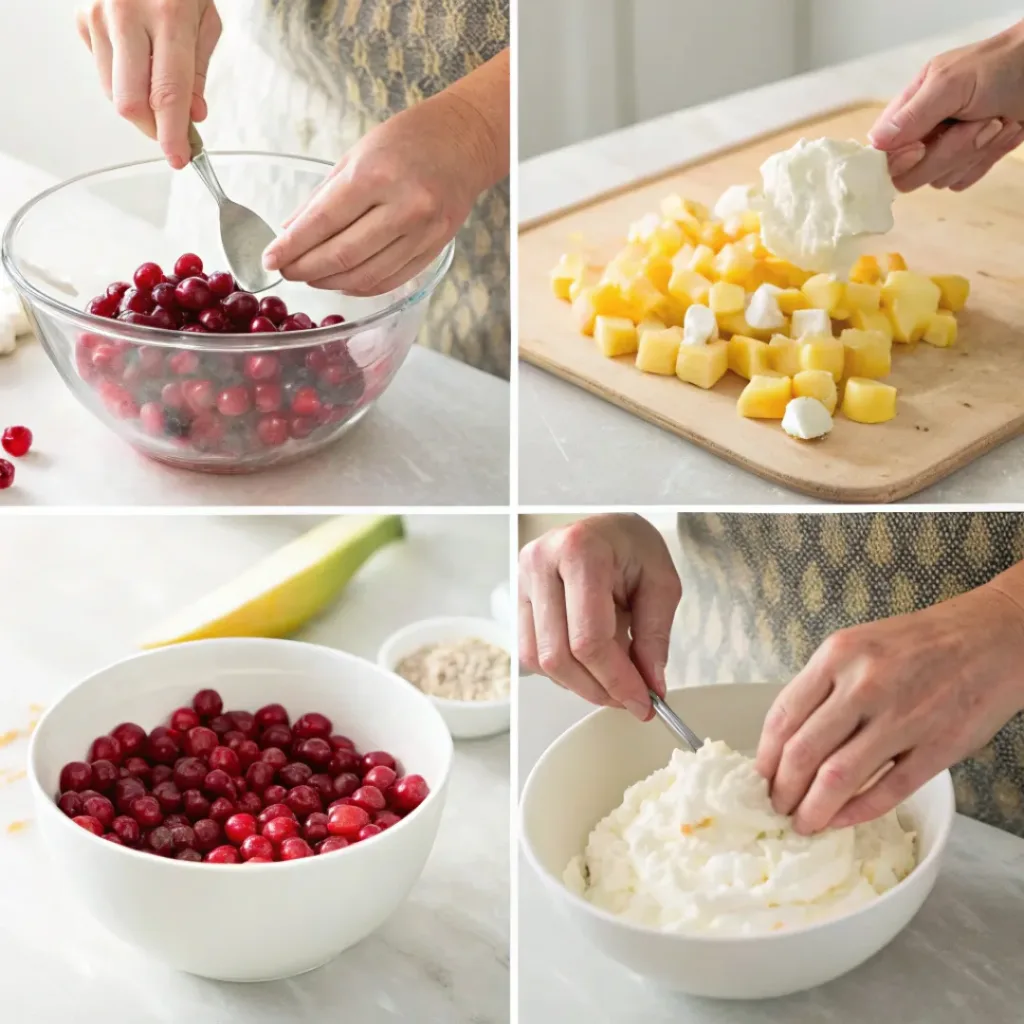 Step-by-step collage of making cranberry fluff salad