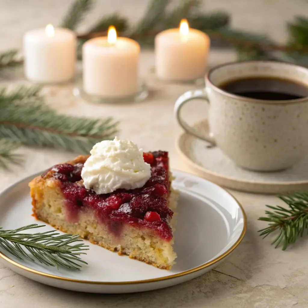 Slice of cranberry upside down cake with whipped cream