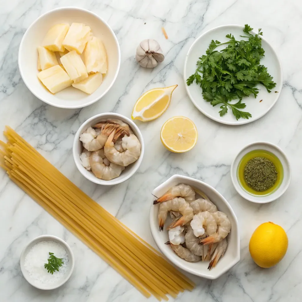 Creamy Lemon Garlic Shrimp Pasta Recipe 6 Flat lay of ingredients for lemon garlic shrimp pasta