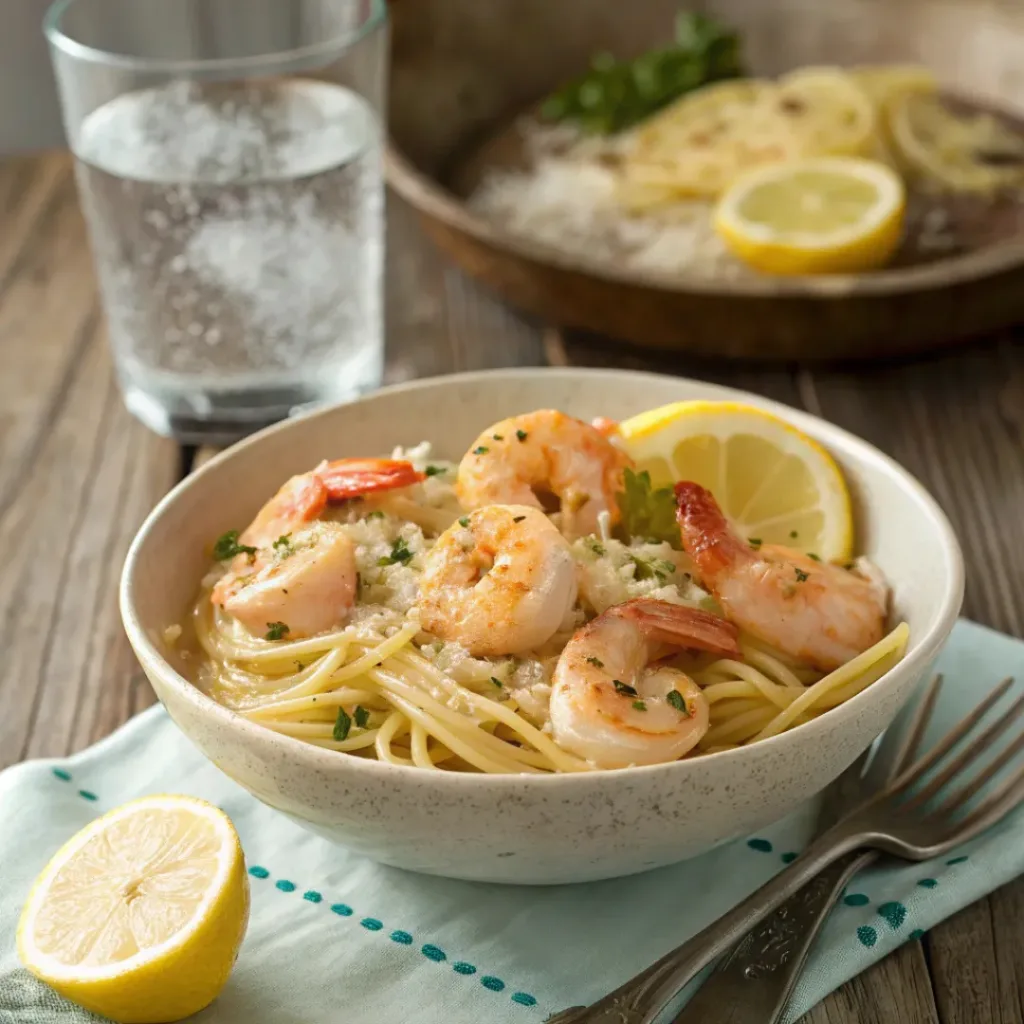 Creamy Lemon Garlic Shrimp Pasta Recipe 8 Bowl of lemon garlic shrimp pasta with lemon wedges