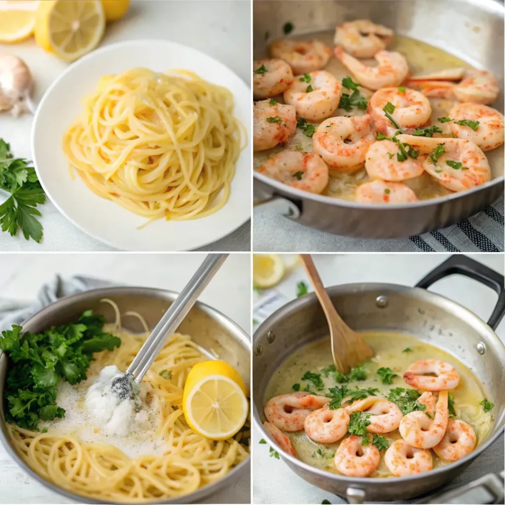 Creamy Lemon Garlic Shrimp Pasta Recipe 7 Step-by-step collage of making lemon garlic shrimp pasta
