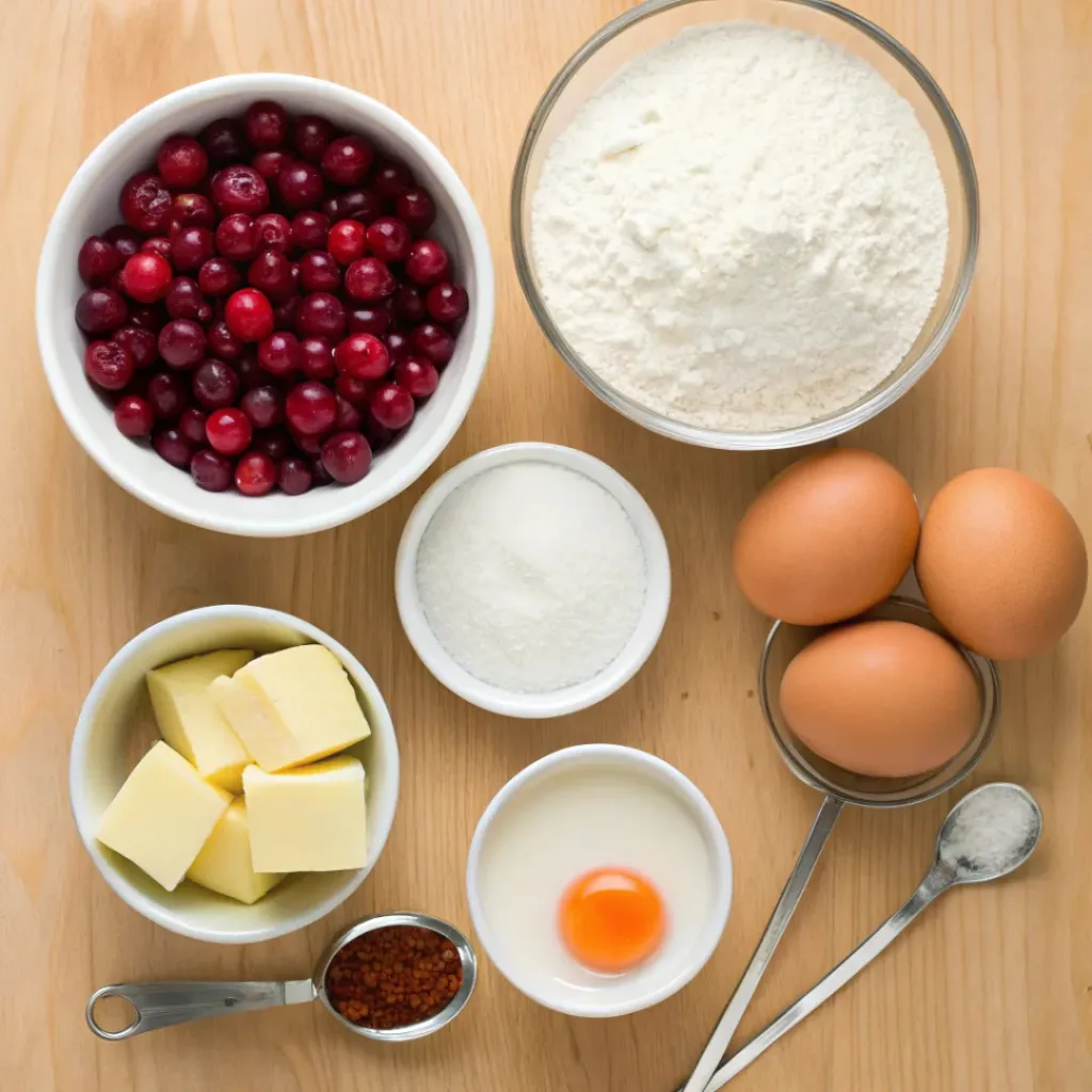 Flat lay of ingredients for cranberry upside down cake