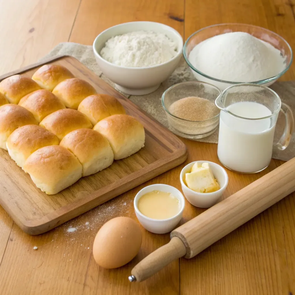 Golden Pull-Apart Butter Buns – Soft, Fluffy, and Buttery 6 Flat lay of ingredients for golden pull-apart butter buns
