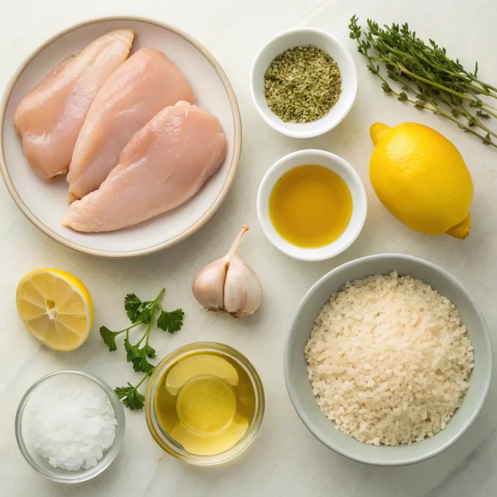 Overhead view of ingredients for slow cooker lemon herb chicken and rice