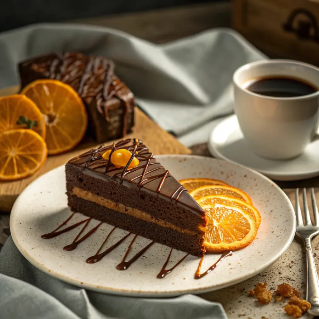 Chocolate Orange Cake – A Decadent Citrus Twist 8 Slice of chocolate orange cake served with coffee