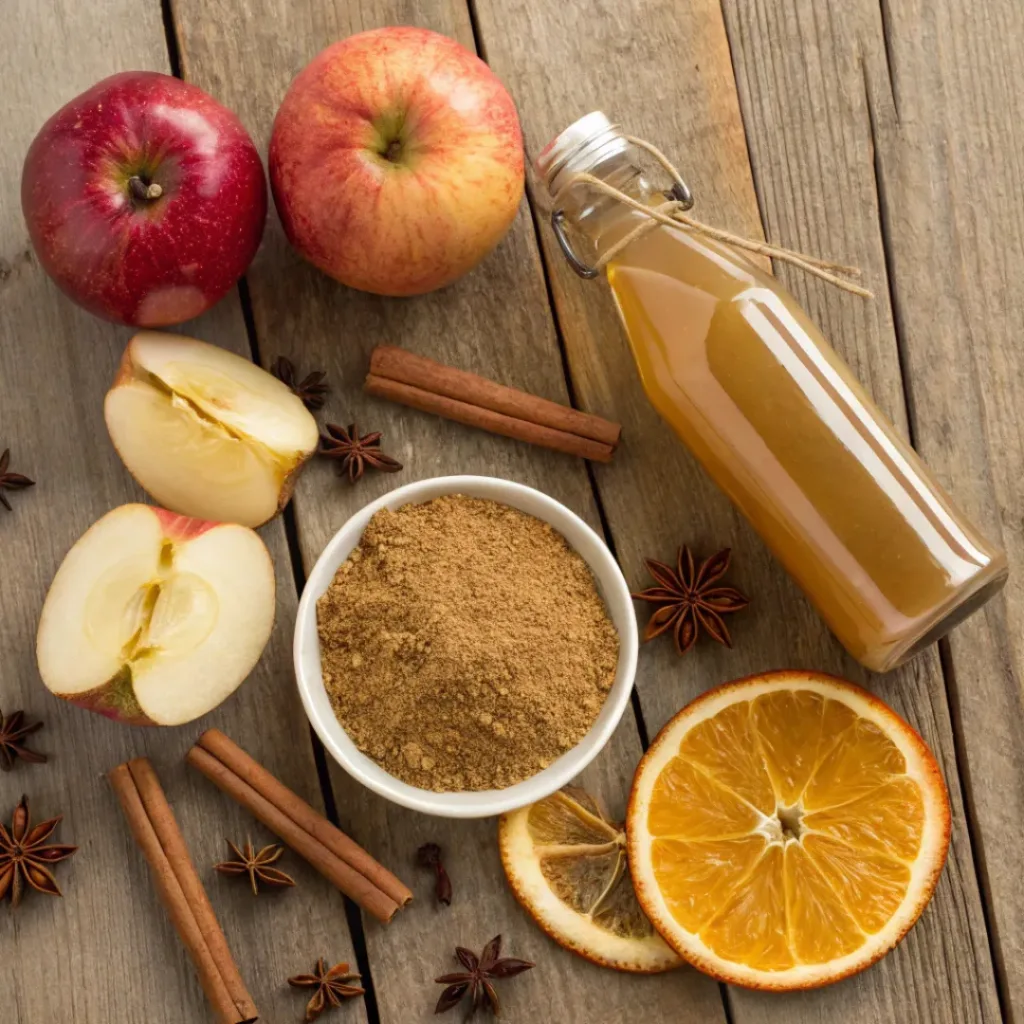 Warm Apple Cider with Cinnamon – Cozy Fall Drink Recipe 6 Overhead view of ingredients for hot apple cider