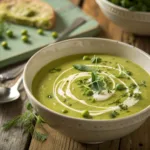 Bowl of creamy green pea soup garnished with cream and herbs