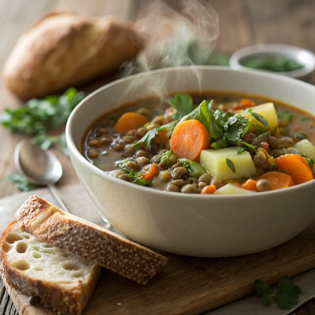Rustic Vegetable and Lentil Stew 5 Bowl of hearty rustic vegetable and lentil stew with bread