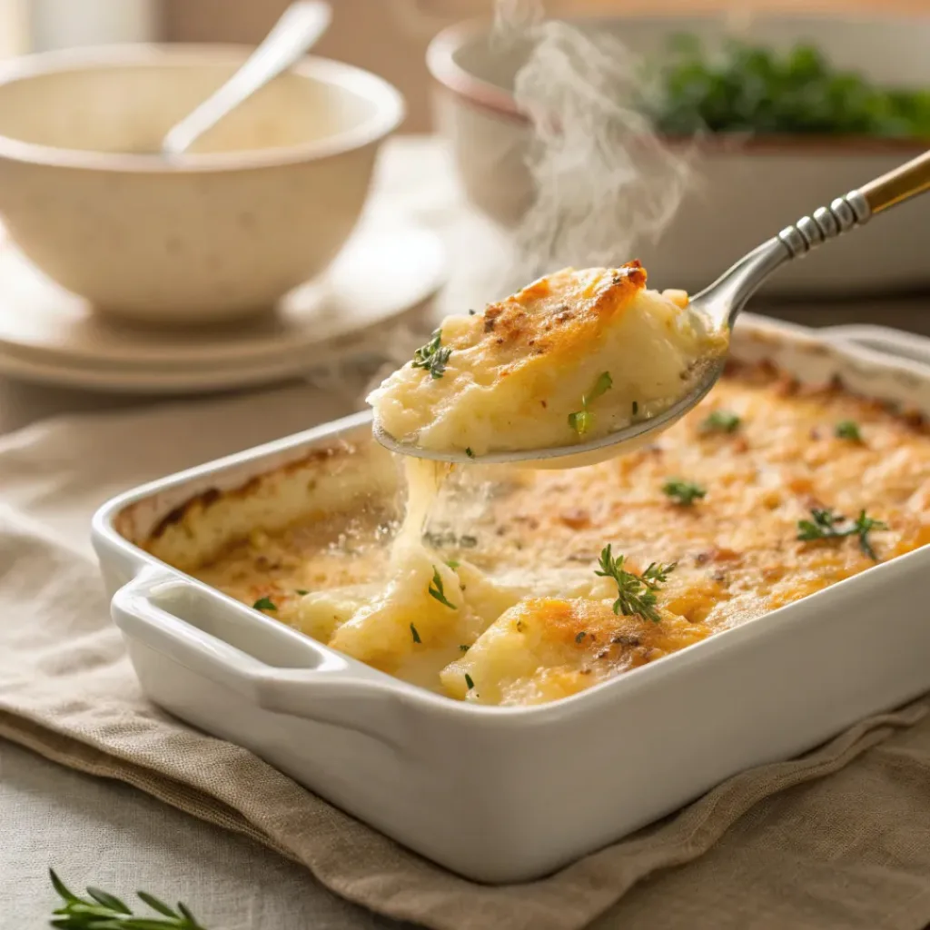 Baked Rutabaga Gratin with Cream and Herbs 8 Cheesy rutabaga gratin being served